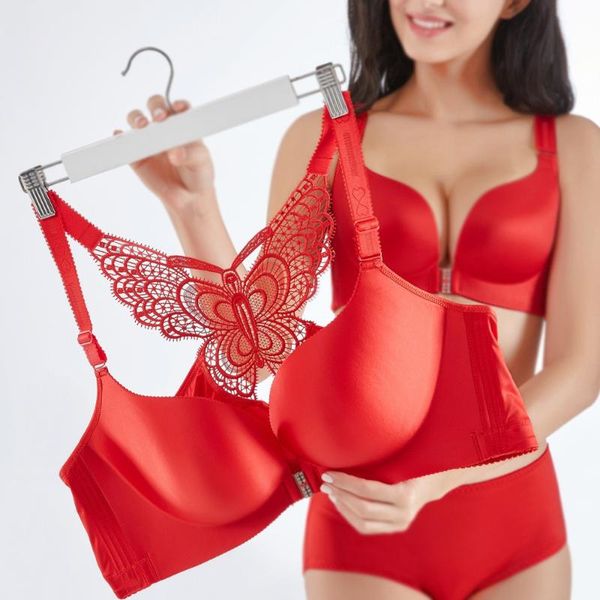 

2020 new fashion no rims front buckle butterf bow underwear women bra plus size 120cde 52cde cup gather adjustable bras, Red;black
