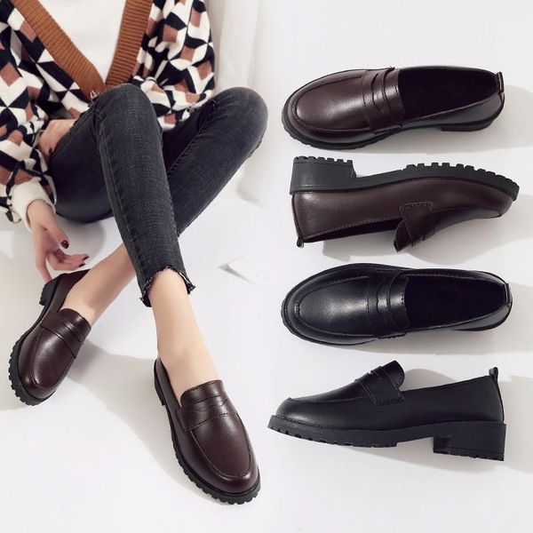 

small leather shoes british college style retro students all-match small leather shoes japanese mid-heel thick heel single, Black
