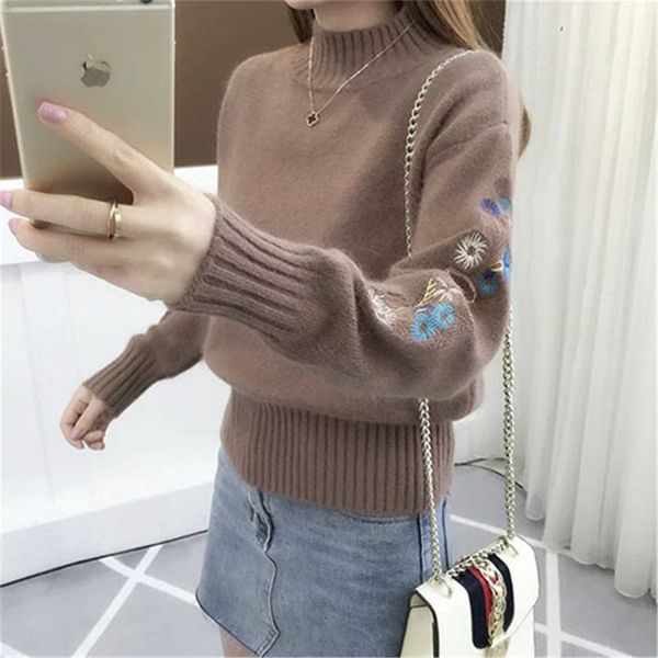 

female floral embroidered sweater 2021 new autumn ladys turtleneck long sleeve knit jumpers xaaf, White;black