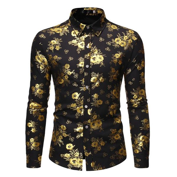 

mens fashion shiny gold floral printed button down dress shirts camisa masculina 2020 brand black slim fit long sleeve shirt men, White;black