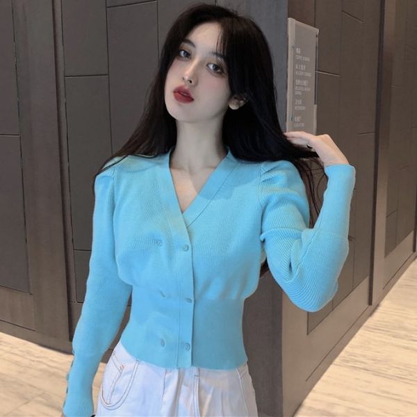 

fall 2020 new french v-neck bubble long sleeve slim cardigan sweater women's wear