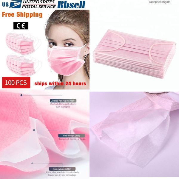 

in masks face stock 50factory disposable black pink 3 layer breathable non-woven elastic earloop mouth mask salon cover