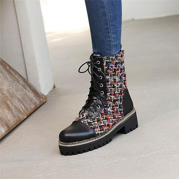 

ymechic winter fashion lace up chunky heels combat boots for women platform plaid patchwork female shoes ankle boots black red