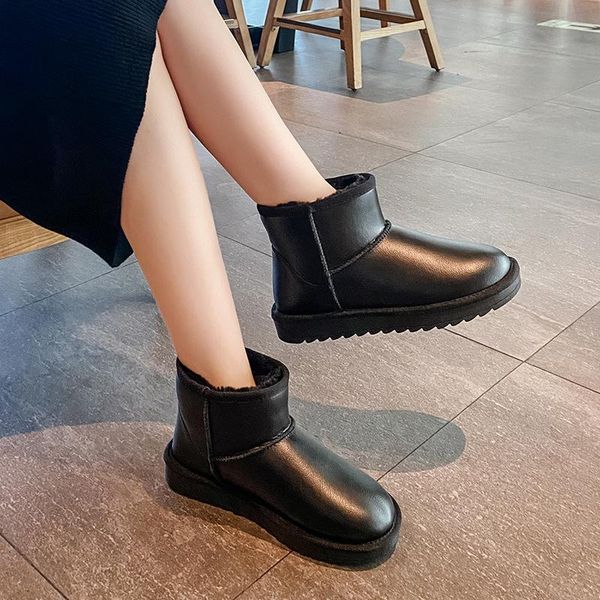 

yourseason genuine leather ladies ankle warm snow boots round toe new 2020 winter sewing platform women plush winter shoes, Black