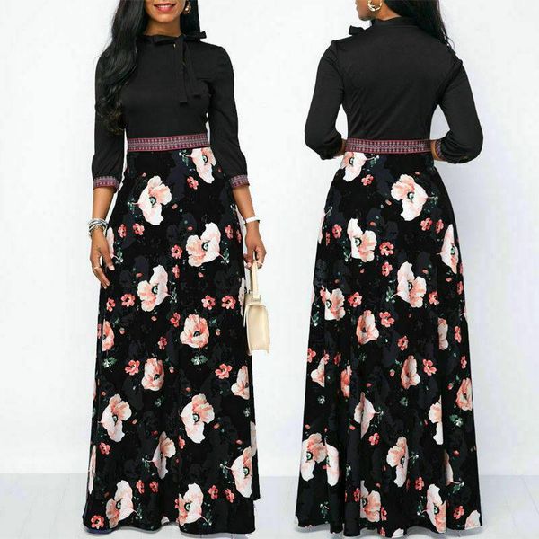 

women vintage lace up bow dresses three quarter sleeve floral boho long maxi dress ladies casual a line dress1, Black;gray