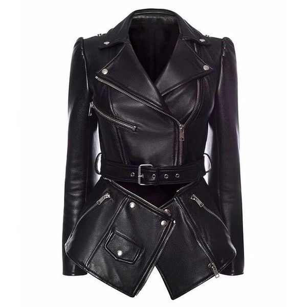 

fashion runway designer jacket women's lower edge detachable zippers faux leather jacket coat 210201, Black