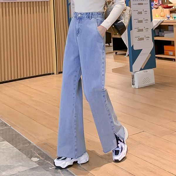 

women's jeans 2021 autumn internet celebrity women's elegant loose wide-leg pants solid color western style all-match slit jeans1, Blue