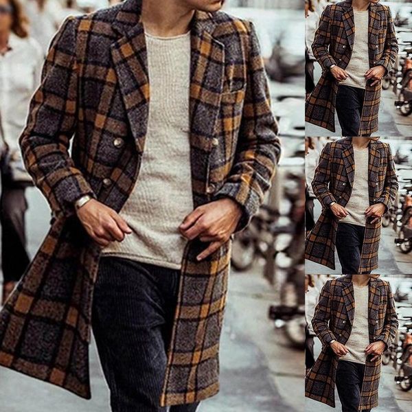 

men houndstooth gentleman woolen coat fashionable trench coat lapel overcoat double-breasted jacket mid-length male warm jacket1, Black