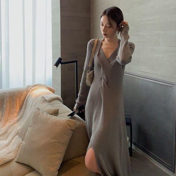 

women 2021 autumn winter chic knit sweater dress female v-neck long sleeve split knitted a line dresses elegant vestidos c507, Black;gray