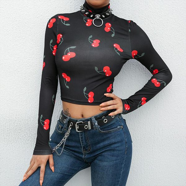 

women floral cherry flame printed see through transparent mesh crop long sleeve sheer slim ladies turtleneck t shirt, White