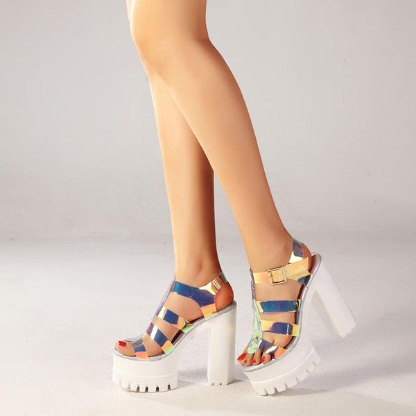 

summer sandals women's shoes 2021 european and american new platform sandals personality dazzle color plus-size one-link, Black