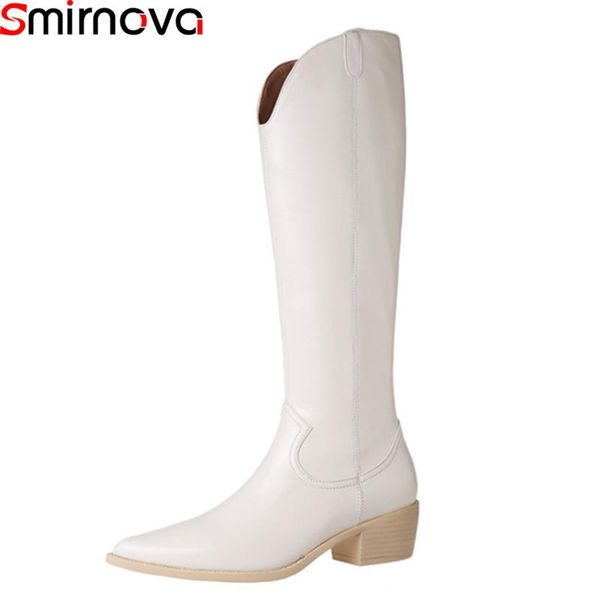 

Smirnova 2021Genuine Leather Boots Med Heels Pointed Toe Black White Color Women Boots Autumn Winter Knee High