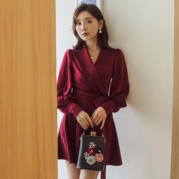 

casual dresses yigelila fashion deep wine dress turn-down collar long sleeves bandage bow lantern above-knee mini 65161, Black;gray