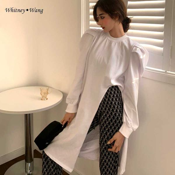 

women's t-shirt whitney wang tshirt 2021 spring fashion streetwear long sleeve puff split women casual t shirt, White