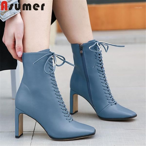 

asumer 2020 new fashion office dress shoes women ankle boots vintage square toe cross tied zip high heel boots lady party shoes1, Black