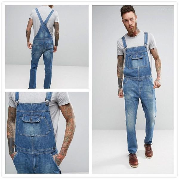 

denim jeans men's bib pants overalls jumpsuit romper multi-pockets bleached straight trousers casual work pants streetwear s-3xl1, Blue
