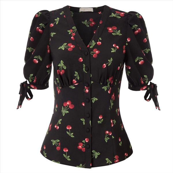 

belle poque womens shirts cherries pattern shirt summer clothes short puff sleeves v neck button placket sweet elegant new, White