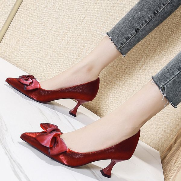 

red wedding bride bridesmaid shoes 2020 new bow satin pointed high women's heels