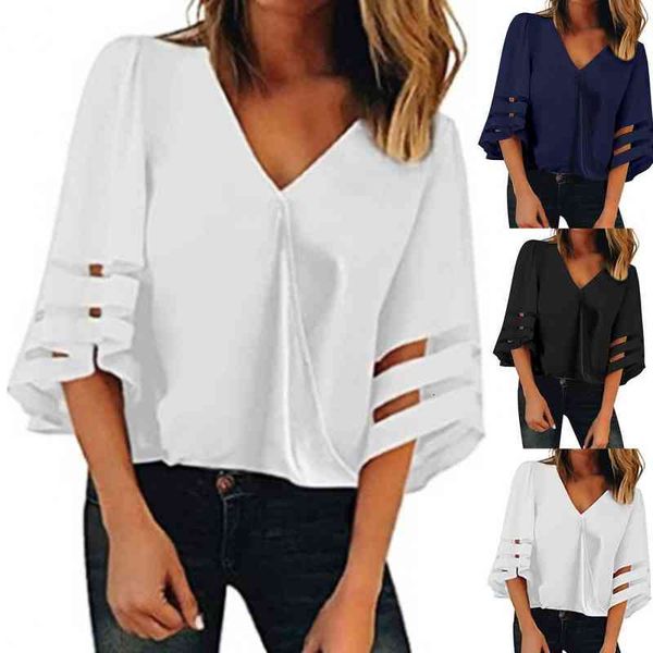 

Chiffon Shirt Stitching Flare Sleeve Summer Lady V Neck Mesh Blouse For Daily Wear, White