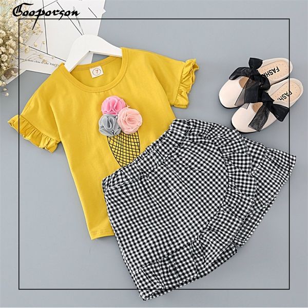 

girls clothes set fashion ice cream yellow shirt with plaid pants 2 pcs children clothing set lovely set baby kids summer outfit y200525, White