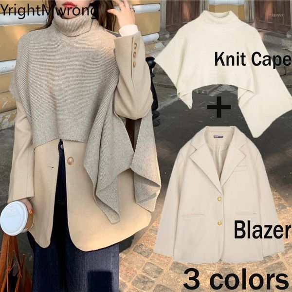 

blazer lapel v-neck casual fashion solid wool coat with knit cape warm scarf women korean two piece matching set suit fall 20201, White;black