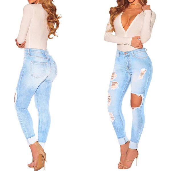 

women ripped jeans high waist mom jeans vintage tassel stretch female distressed hole denim skinny pencil pants, Blue