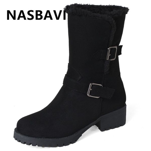 

fashion winter boots women snow boots flat heels winter shoes warm boot mid-calf buckle autumn women's shoes size 33-43, Black