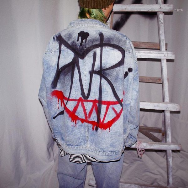 

plus size graffiti letter print loose denim jacket coat men`s windbreaker japanese streetwear hip hop punk gothic jean woman, Black;brown