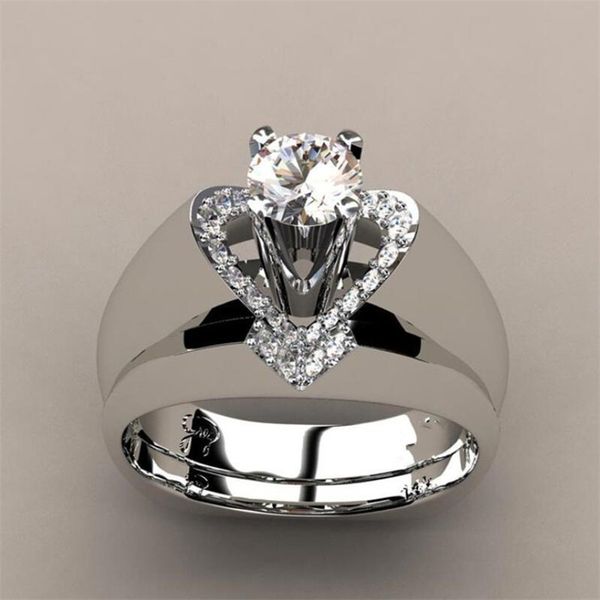 

us size 4-12 sell drop shipping luxury jewelry 925 sterling silver couple rings pave cz heart women wedding bridal ring for lover gift, Slivery;golden