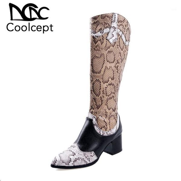 

boots coolcept snakeskin knee high pointed toe zipper square heels shoes winter warm long women footwear size 32-431, Black