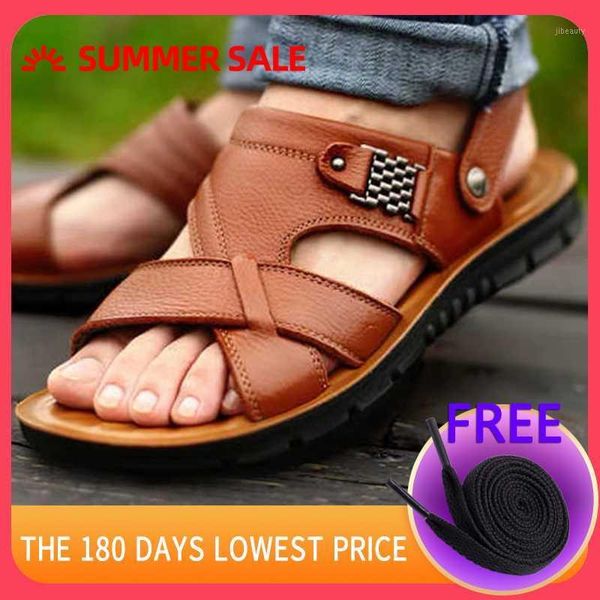 

new big size men genuine leather sandals summer classic men shoes slippers soft sandals comfortable walking footwear1, Black