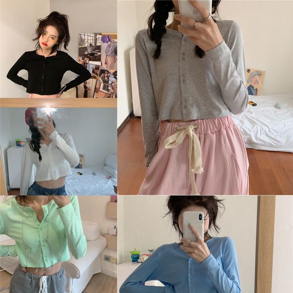 

new ins korean style in the early autumn of 2020small and versatile short solid color crew neck cardigan button button buttont-shirt buttons, White