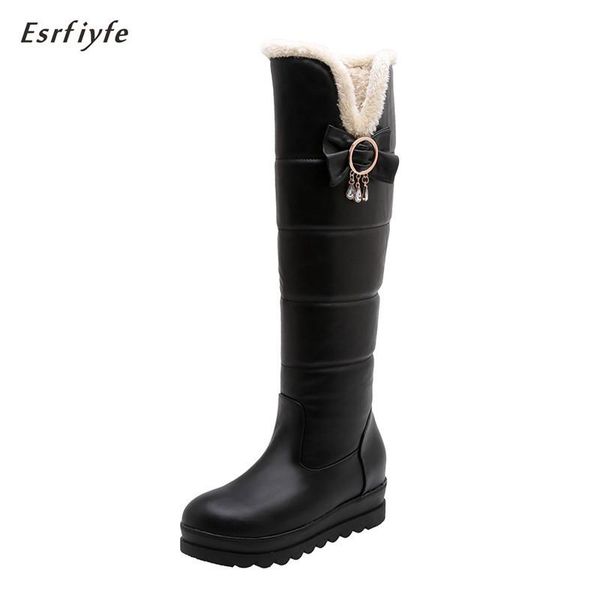 

boots esrfiyfe 2021 pu leather winter women shoes knee high warm plush thick heel platform snow, Black