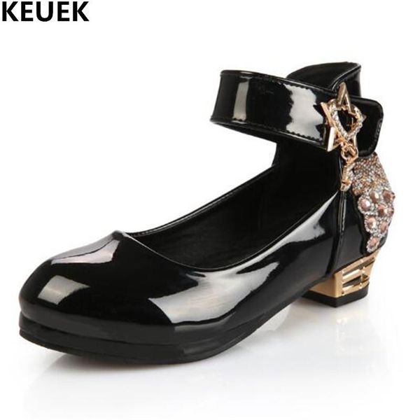 

новая весна осень детские кожаные ботинки девушки heeled принцессы обувь student rhinestone моды танцевальная обувь дети детские 03 jlltue m, Black