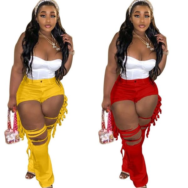 

2021 soild colors women's fashion hole flare jeans spring summer ladies girls trendy leggings pants clothes skinny pants plus size h121, White