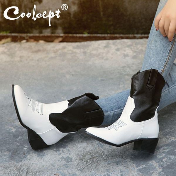 

boots coolcept women mid calf fashion snake print casual shoes winter warm square heels mixed color short size 34-43, Black