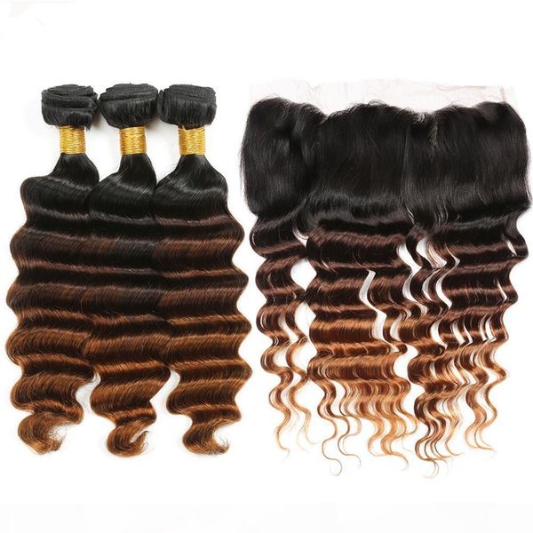 

#1b 4 30 medium auburn ombre brazilian virgin human hair weaves with frontal deep wave 3tone ombre 3bundles with 13x4 lace frontal closure, Black;brown