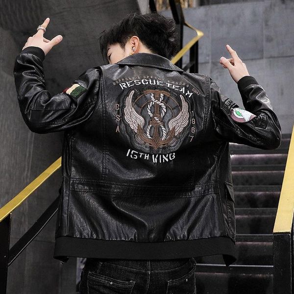 

men autumn new casual motorcycle vintage leather jackets coat men fashion biker us army bomber embroidery pu leather jacket, Black