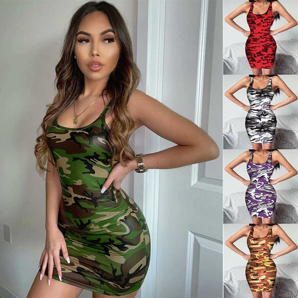 

2021 fashion summer dress fashion camouflage womens bodycon sleeveless ladies summer beach casual party dress with 5 colors, Black;gray