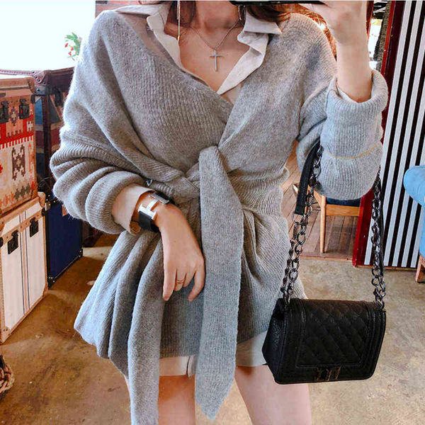 

casual dresses winter women's clothing korean temperament v-neck fashion lace up waist closed knitted sweater bottomed top, Black;gray