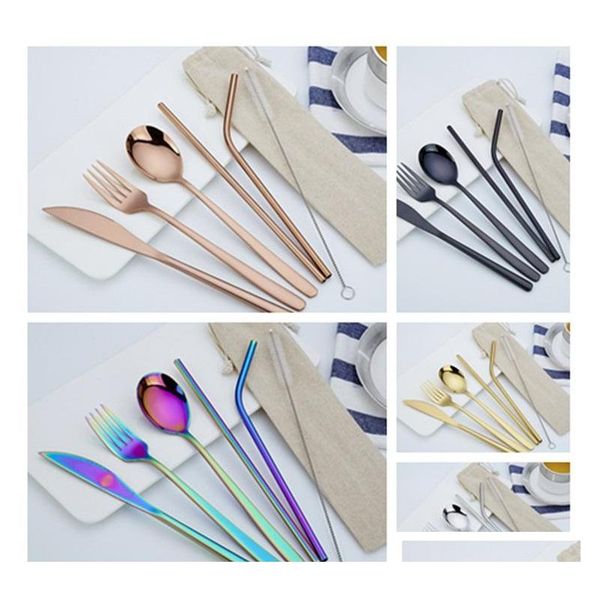 

new pcs 1set stainless steel cutlery set knife fork spoon straw with cloth pack kitchen dinnerware tableware kit jllogq garden_light