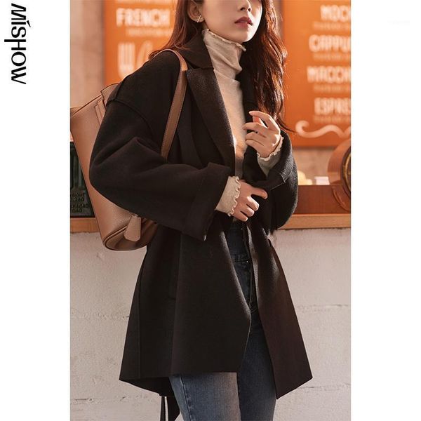

mishow 2020 winter wool coat for women thick jacket belted female outwear woolen blend coats mx20d95961, Black
