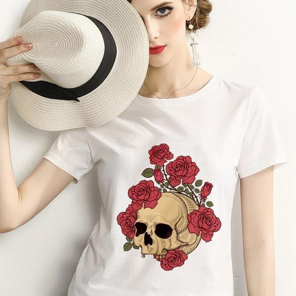 

2019 new summer rose skull t shirt women harajuku printed femme t-shirt casual tee personality thin section women tshirt, White