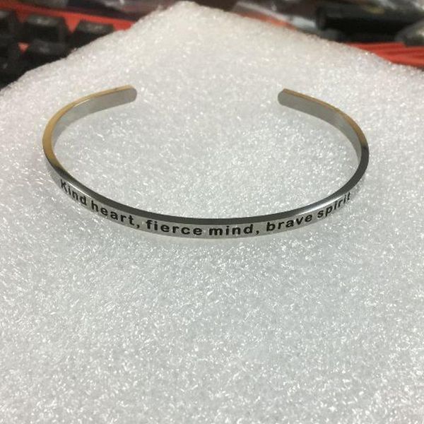 

bangle 2021 mantra bracelet kind heart fierce mind, brave spirit 4mm bar stainlless steel open cuff, Black