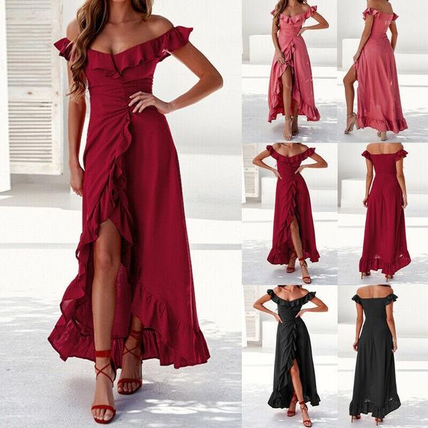 

women's fashion boho long maxi party cocktail beach solid color dress pleated off shoulder split sundress1, Black;gray