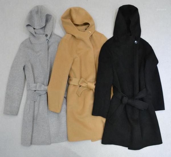 

women wool coat 2021 winter woolen coat cashmere outerwear hooded short woolen outerwear elegant new1, Black