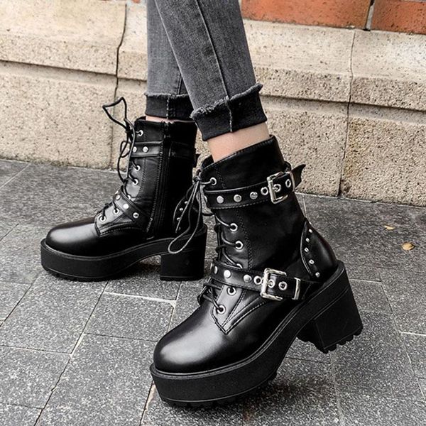 

demonia boots goth shoes on platform high heels women fashion boots black rivets short ankle gothic style ladies new