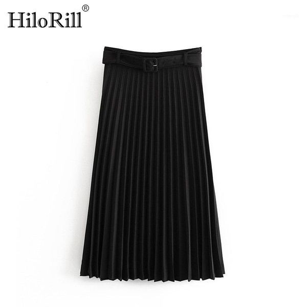 

women high waist black pleated midi skirt with belt casual female elegant solid chic skirts office wear skirt faldas mujer1