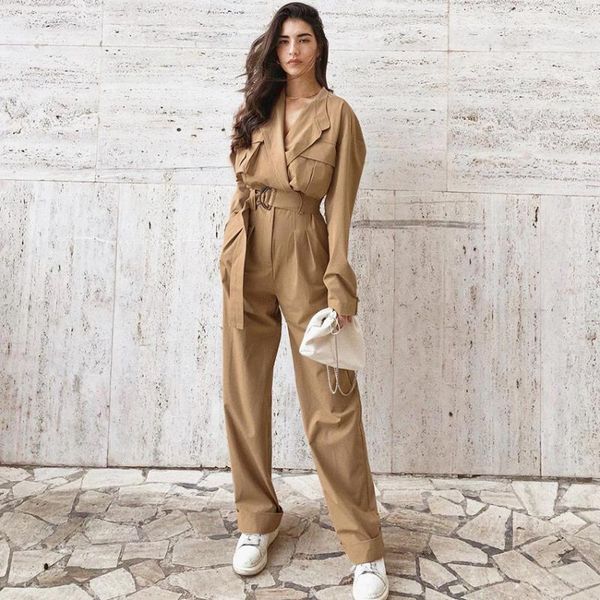 

tooling pockets european and american jumpsuit women's new v-neck fashion waist slimming wide leg high waist trousers, Black;white