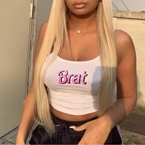 

womens summer sleeveless crop brat letters print spaghetti strap slim vest music festival harajuku clubwear camisole, White